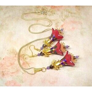 Boho Floral Earrings & Matching Necklace, Spring Jewelry Set, Gold, or Antique B